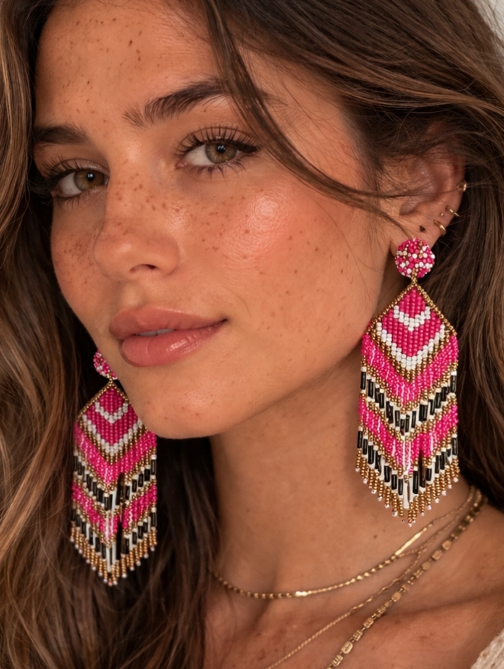 Anthropologie Deepa Gurnani Earring Beaded Fringe Chandelier Chevron Pin…